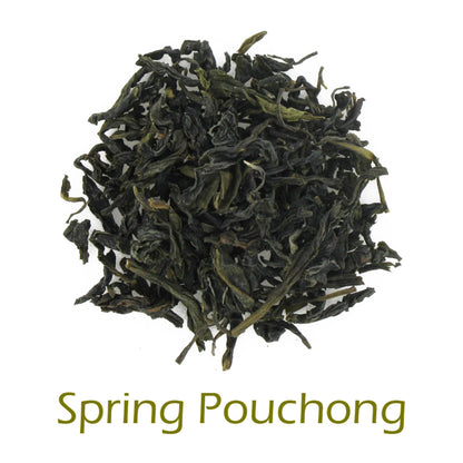 Spring Pouchong loose-leaf tea on a white background with product name caption