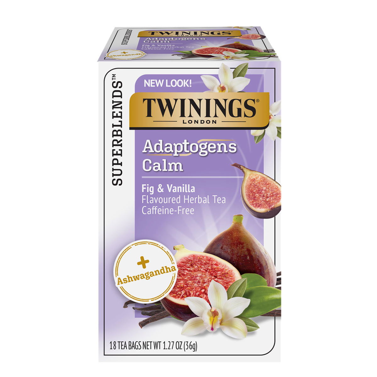 Box of Twinings Adaptogens Calm tea with figs, vanilla, and ashwagandha on a white background