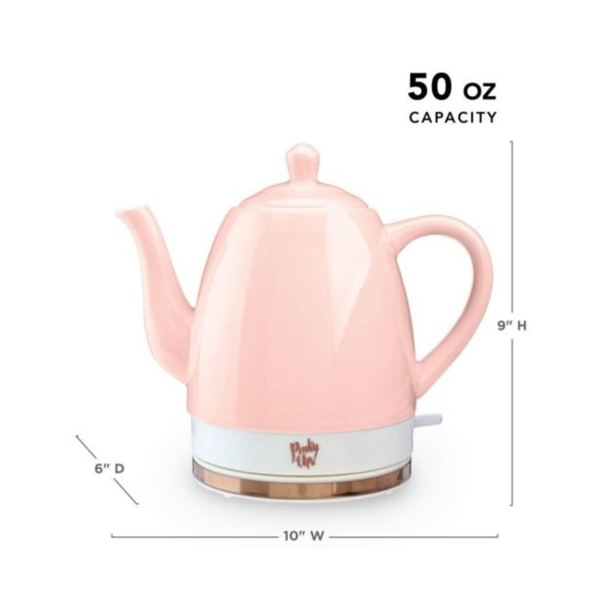 Pink electric kettle with dimensions and capacity label on a white background