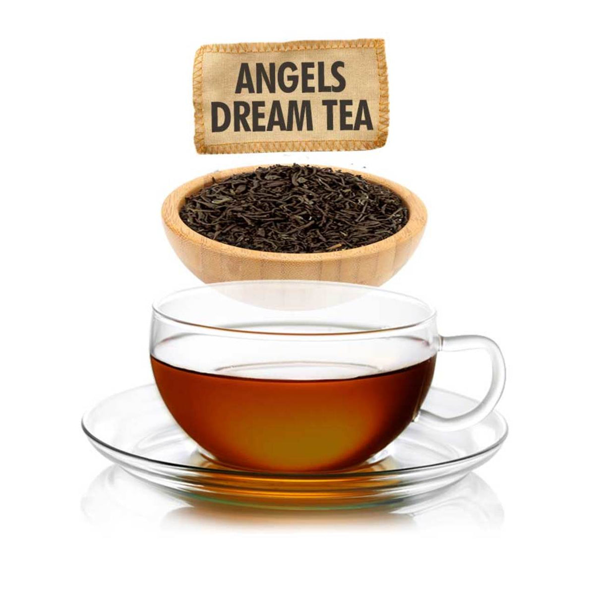 Glass cup of tea with a bowl of tea leaves and a label reading 'Angels Dream Tea'.