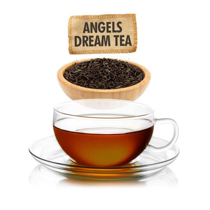 Glass cup of tea with a bowl of tea leaves and a label reading 'Angels Dream Tea'.