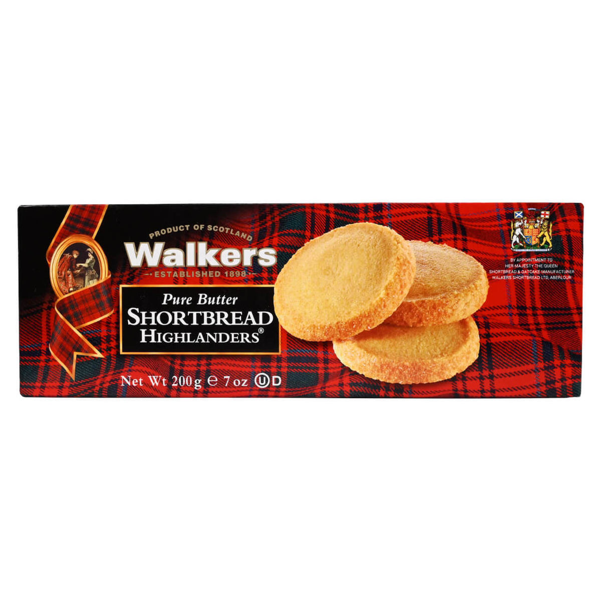 Pack of Walkers Shortbread Highlanders on a red tartan background