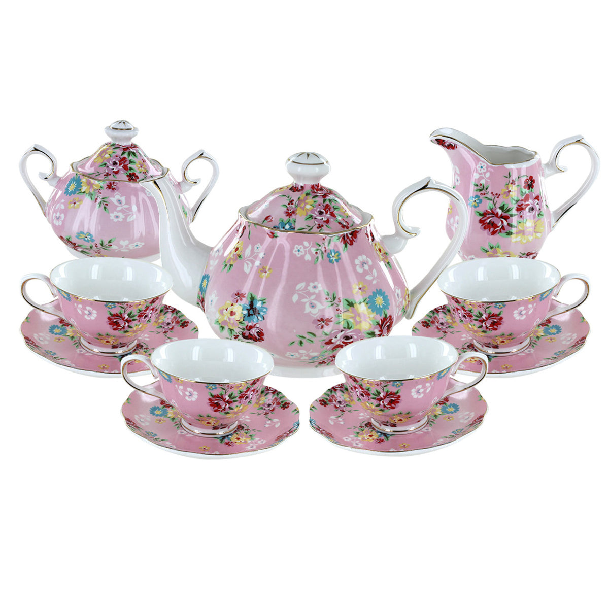 Shabby Rose Pink porcelain floral tea set with teapot, cups, and saucers on a white background