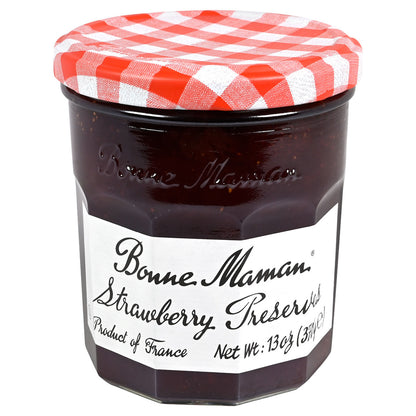 Jar of Bonne Maman strawberry preserves on a white background.  Jar has a red and white checkered lid and the jar has a white label with black text for the description.