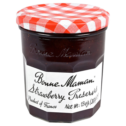 Jar of Bonne Maman strawberry preserves on a white background.  Jar has a red and white checkered lid and the jar has a white label with black text for the description.