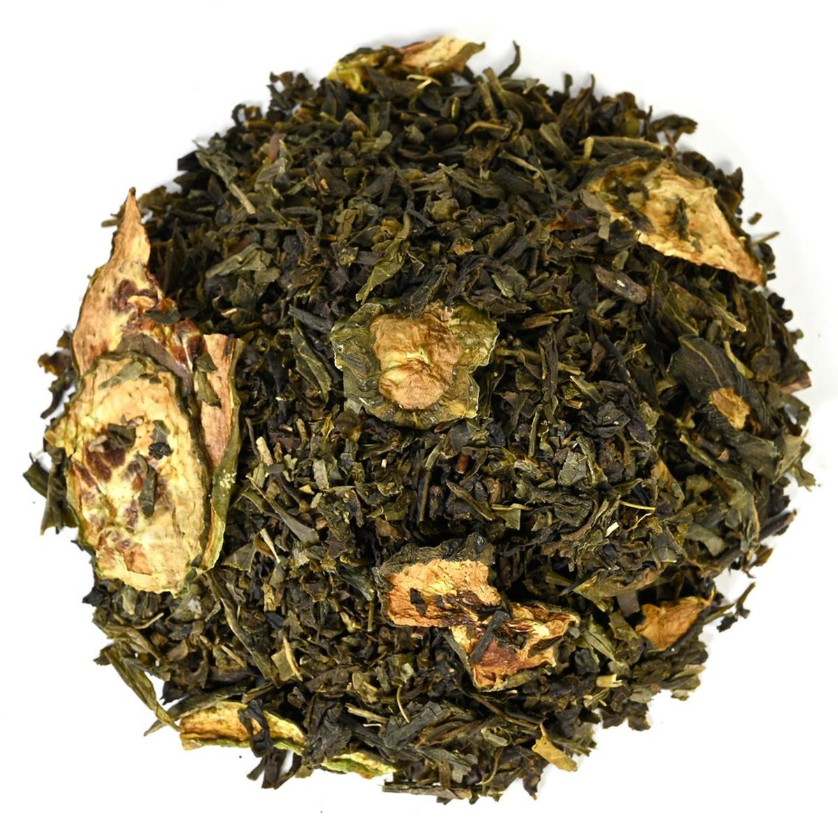 Dry green tea leaves with some browned edges on a white background.