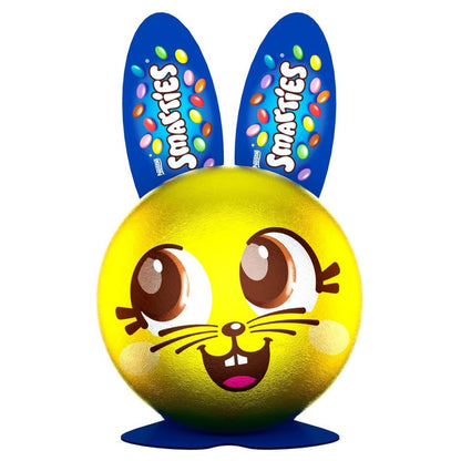 Candy package of chocolate smarties in shape of a yellow bunny head with bunny ears