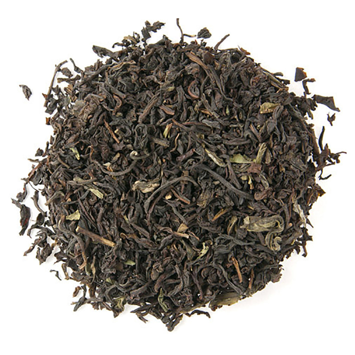 Dry black tea leaves on a white background
