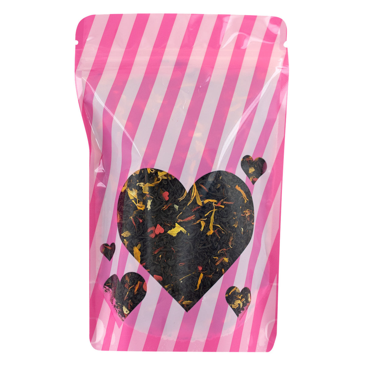 Tea bag packaging with pink and white striped design and heart-shaped black tea leaves on a white background