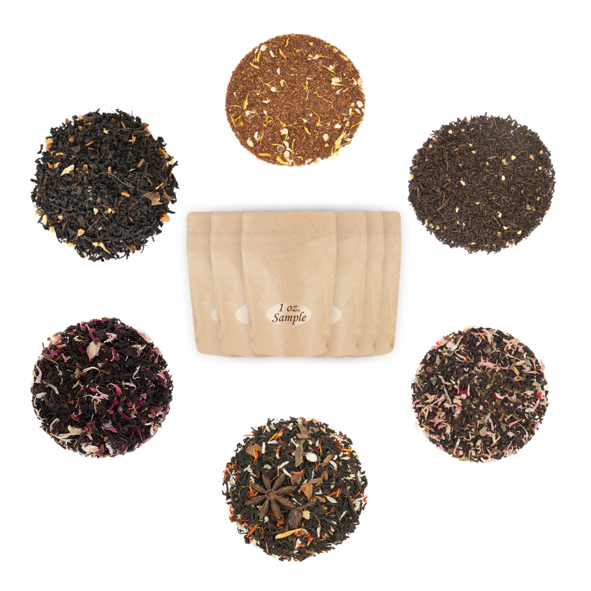 Assorted types of tea leaves on a white background with a wooden sample container.