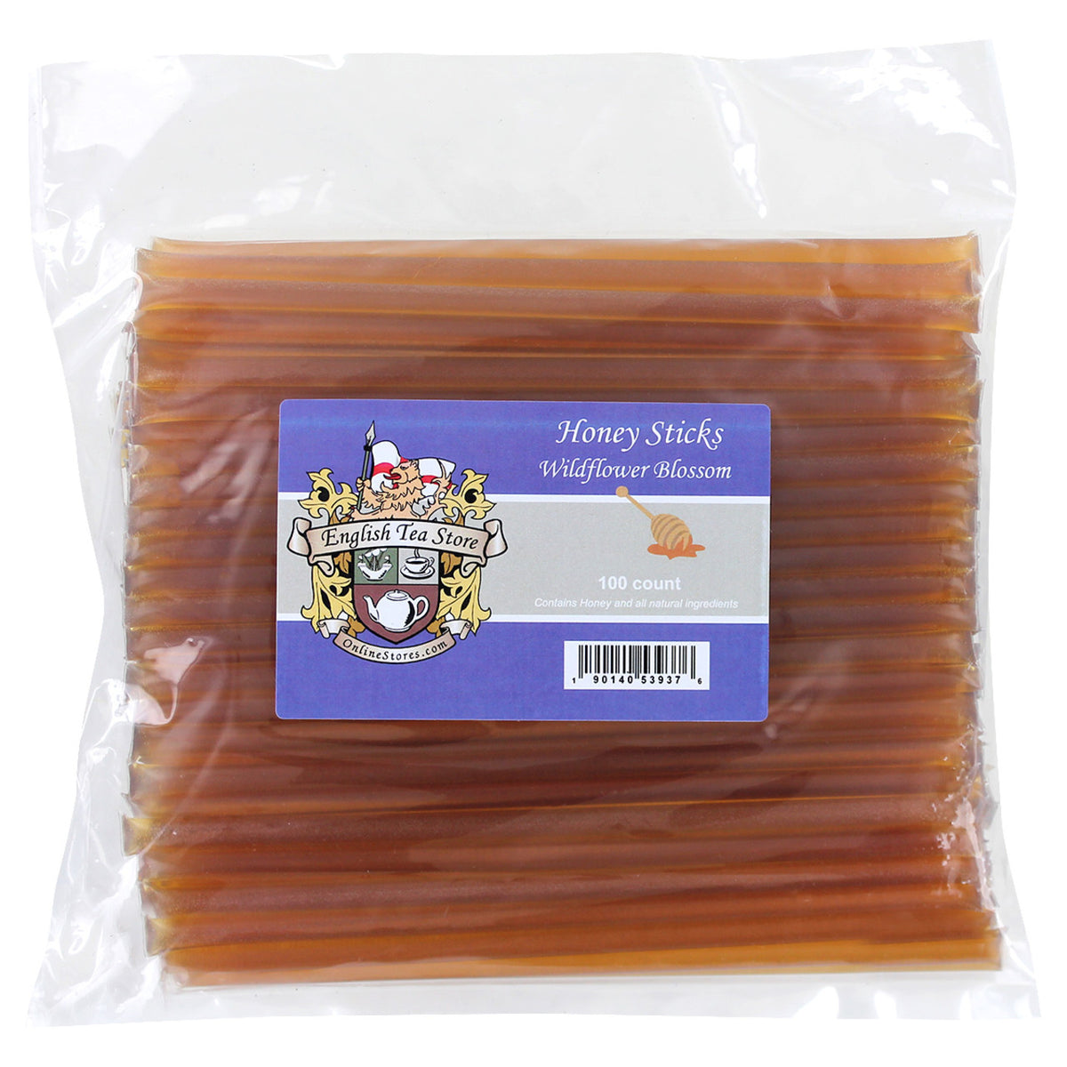 Packaged honey sticks with a visible label on a white background