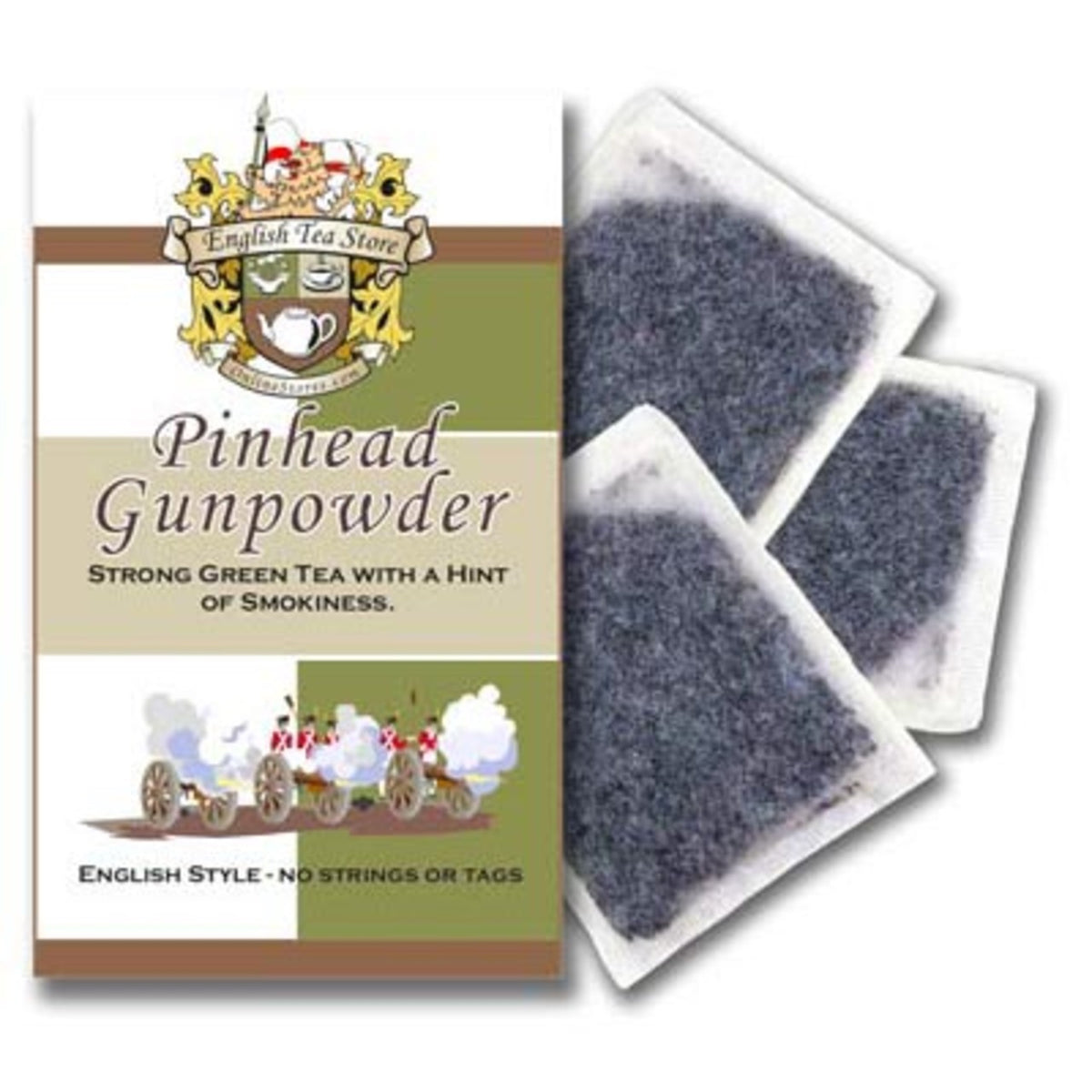 A pouch of English Tea Store's Gunpowder Green Tea bags, with a beige background and the brand's logo printed on the front.