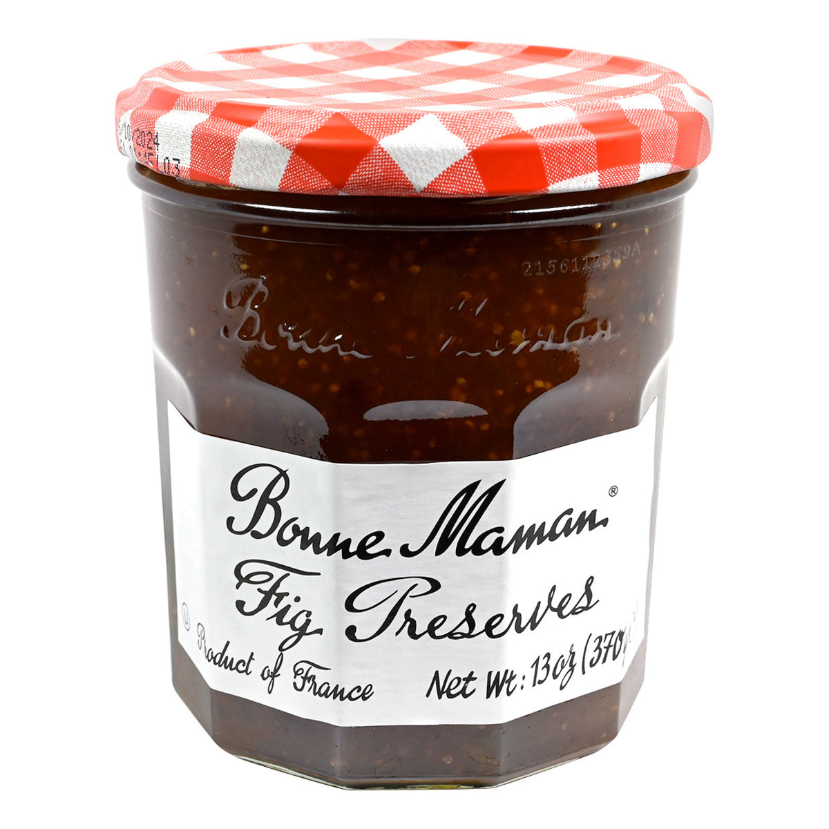 Jar of Bonne Maman Fig Preserves with a red and white checkered lid on a white background