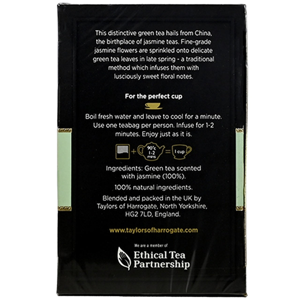 Taylors of Harrogate Green Tea package with black background and white text providing tea brewing instructions and brand information.  Package is on a white background.