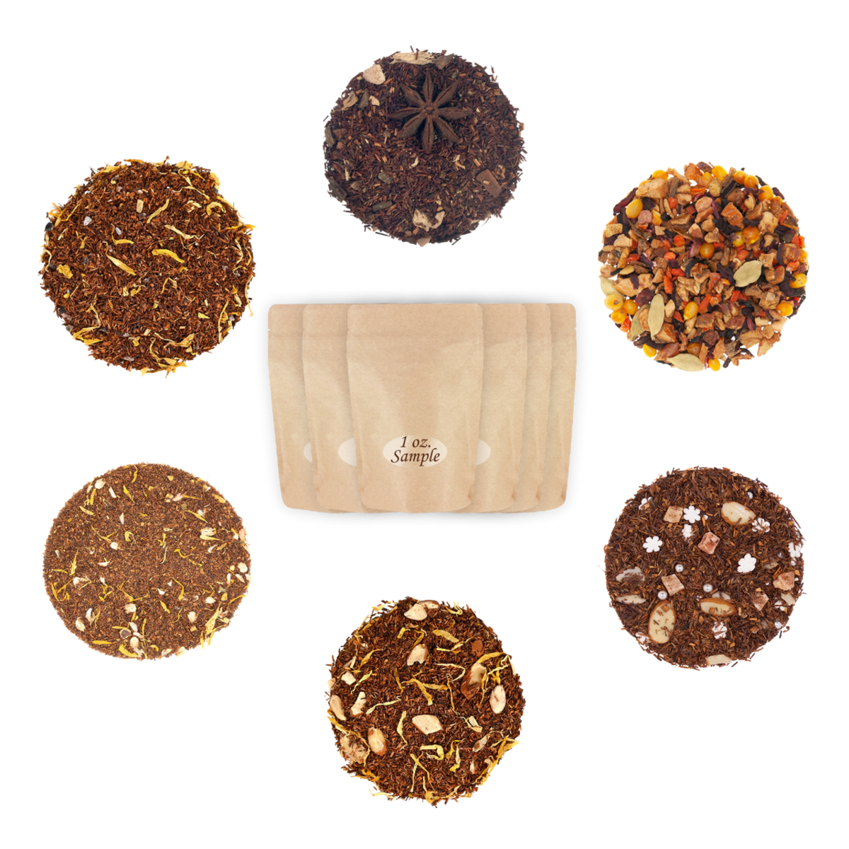 Assorted tea samples on a white background with a wooden sample container.