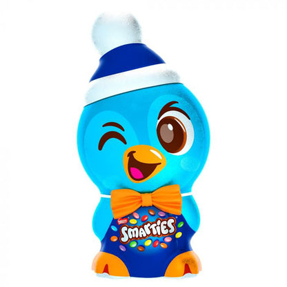 Blue bird-shaped container with a bow tie and 'Smarties' branding on a white background