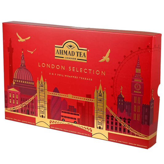 Ahmad Tea London Selection tea box with cityscape design on a white background