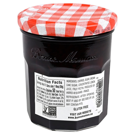 Back side of a jar of Bonne Maman Cherry Preserves with nutritional facts label.