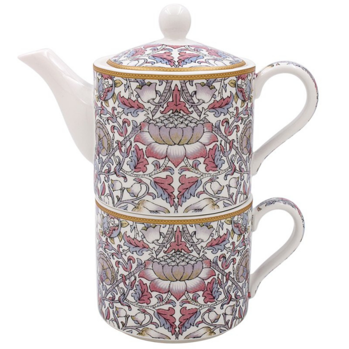 Decorative teapot and tea mug stackable set with floral pattern on a white background