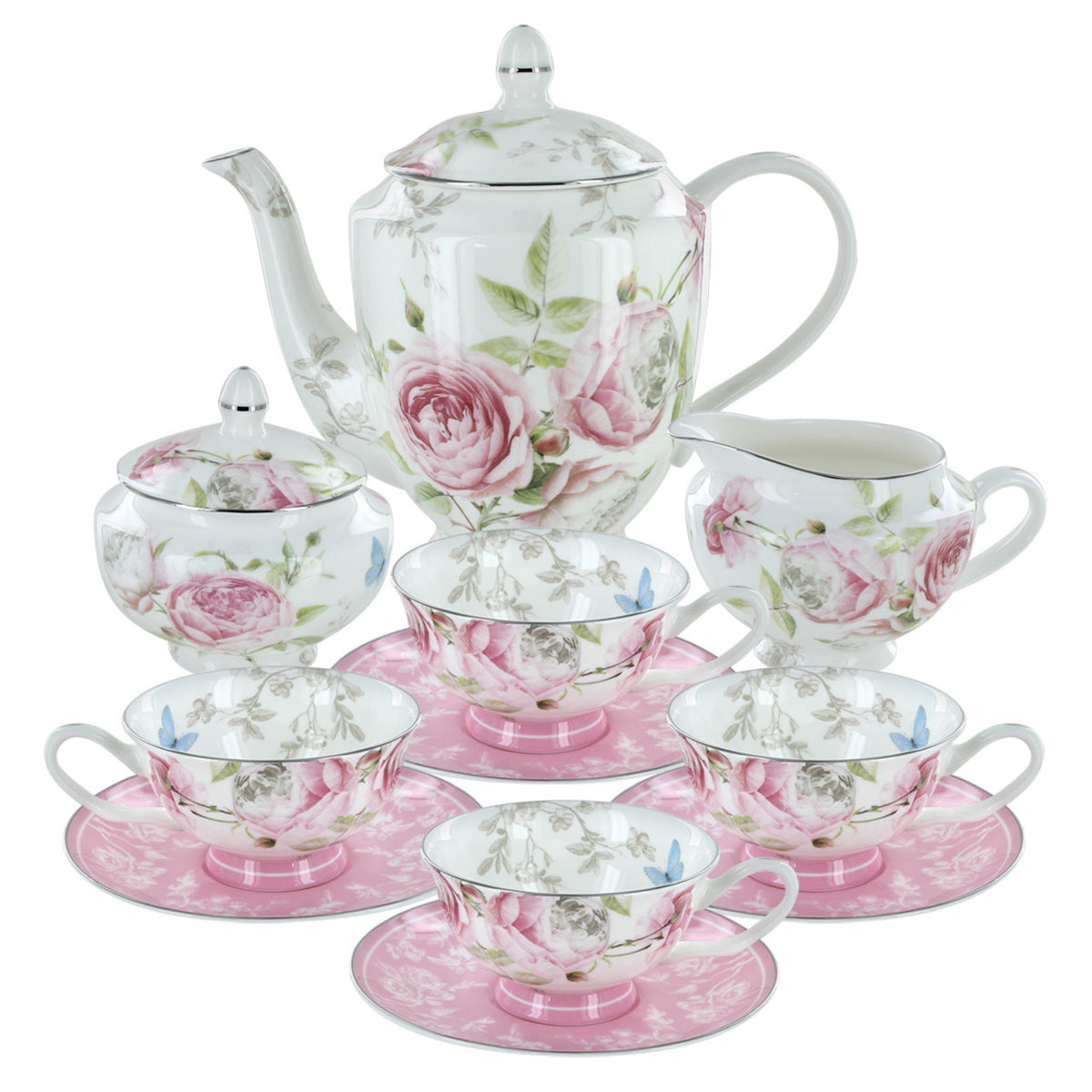 Rose bone tea set with floral design on a white background
