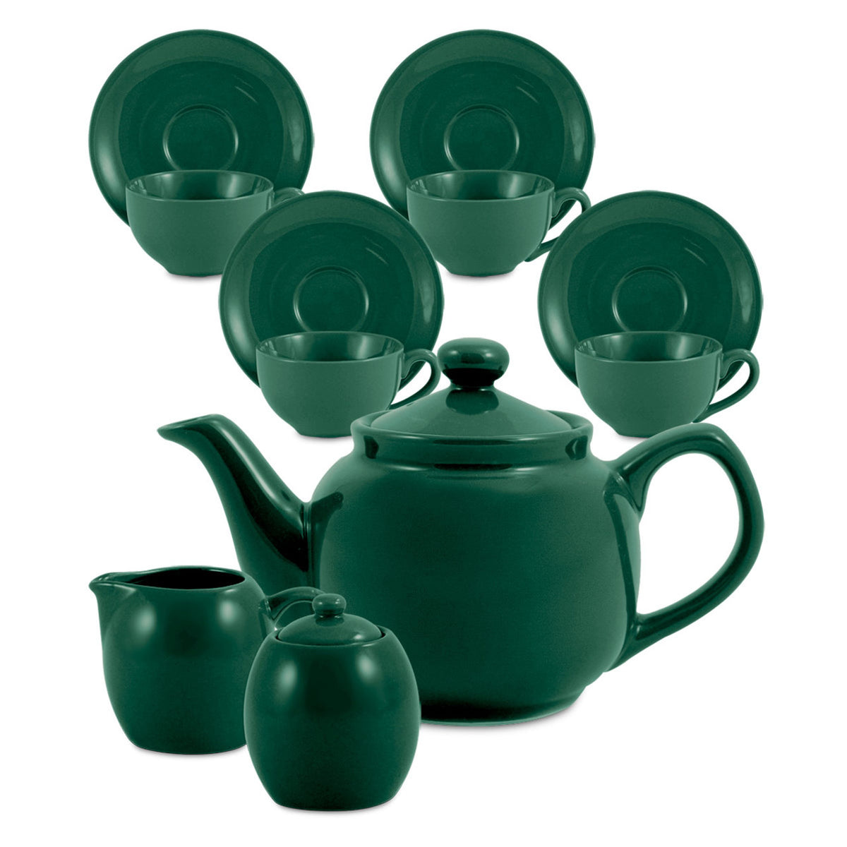 Green ceramic teapot set with cups and saucers on a white background