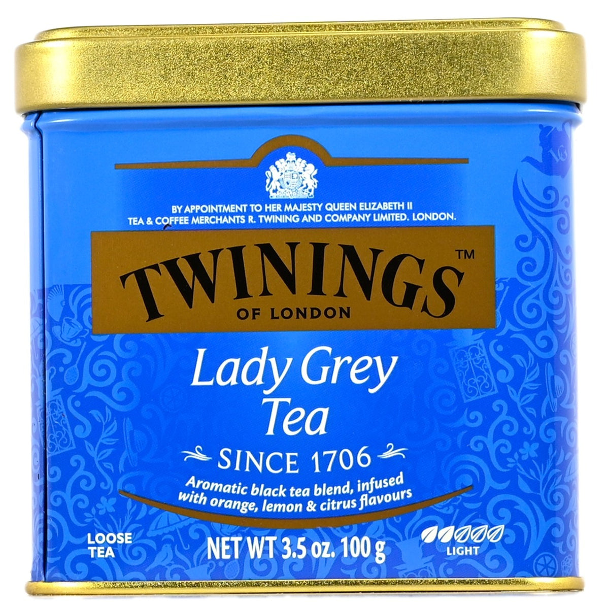 Twinings Lady Grey Tea canister with blue and gold design