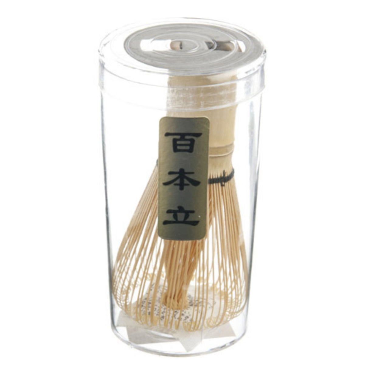 Clear container with wooden sticks and a label on a white background