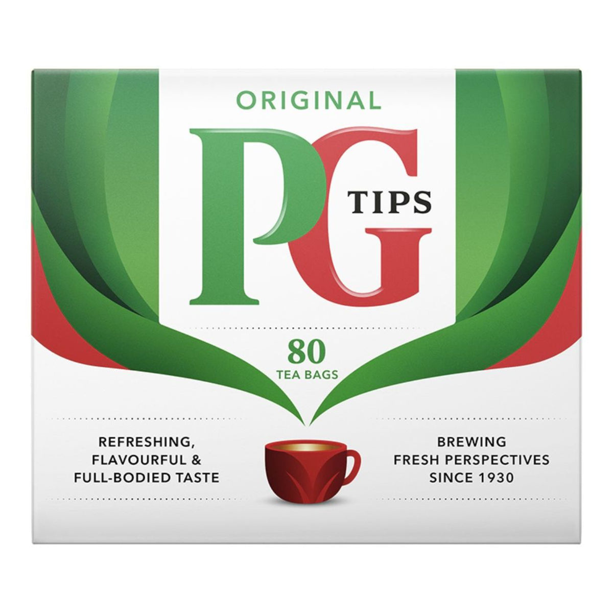 Box of PG Tips tea bags with green and red design
