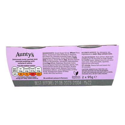 Aunty's dessert packaging with ingredient list and nutritional information on a white background
