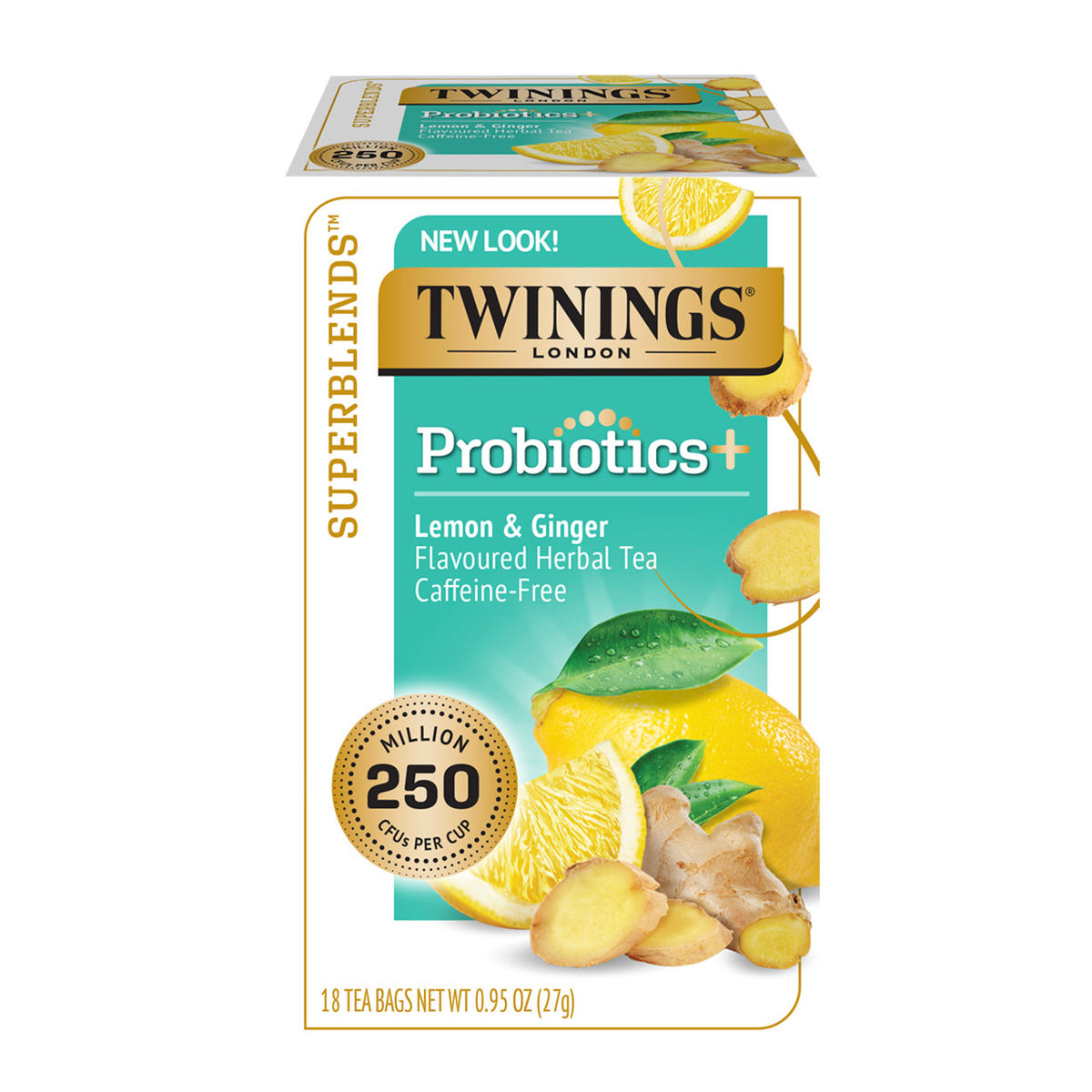 Box of Twinings Probiotics+ Lemon & Ginger Flavoured Herbal Tea on a white background