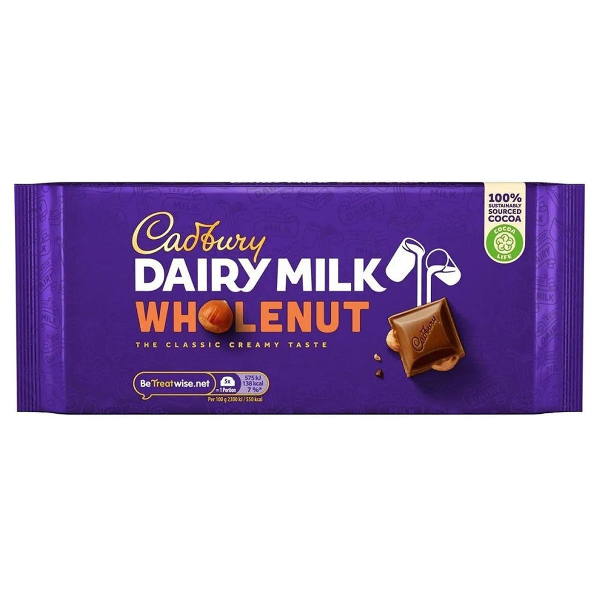 Cadbury Dairy Milk Whole Nut chocolate bar packaging on a white background