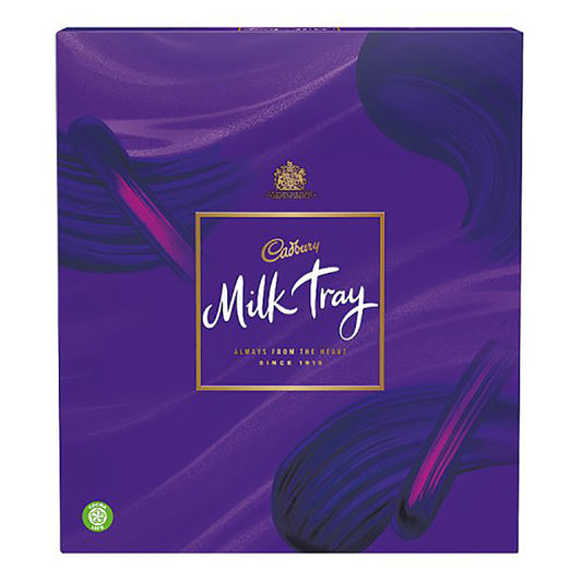 A box of Cadbury Milk Tray assorted milk chocolates with various fillings.