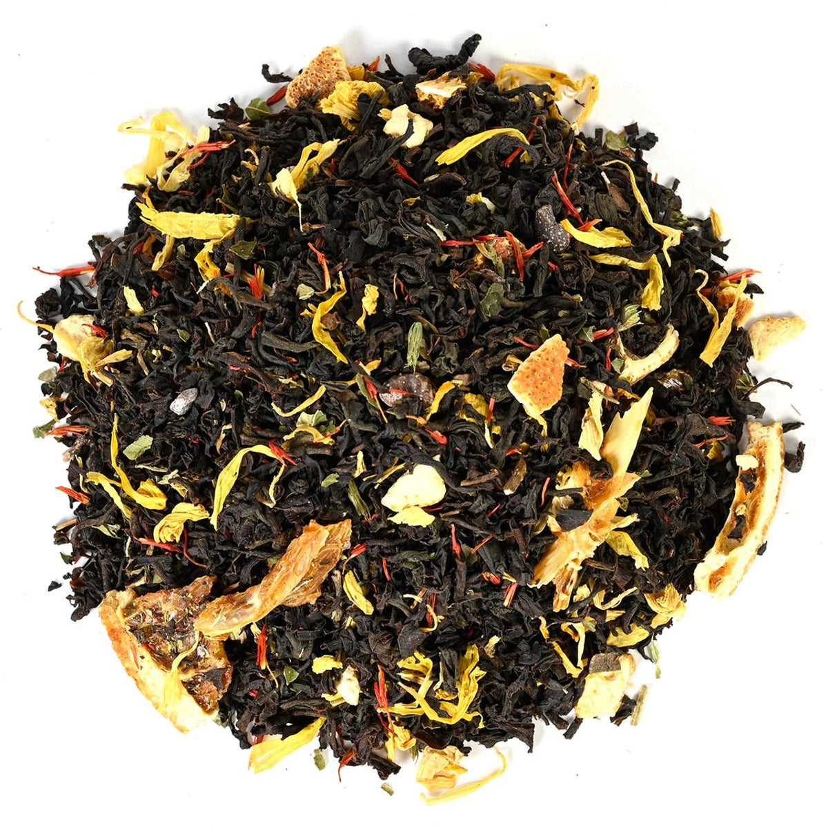 Loose-leaf black tea blend mixed with dried orange peels, yellow marigold petals, and thin red safflower threads.
