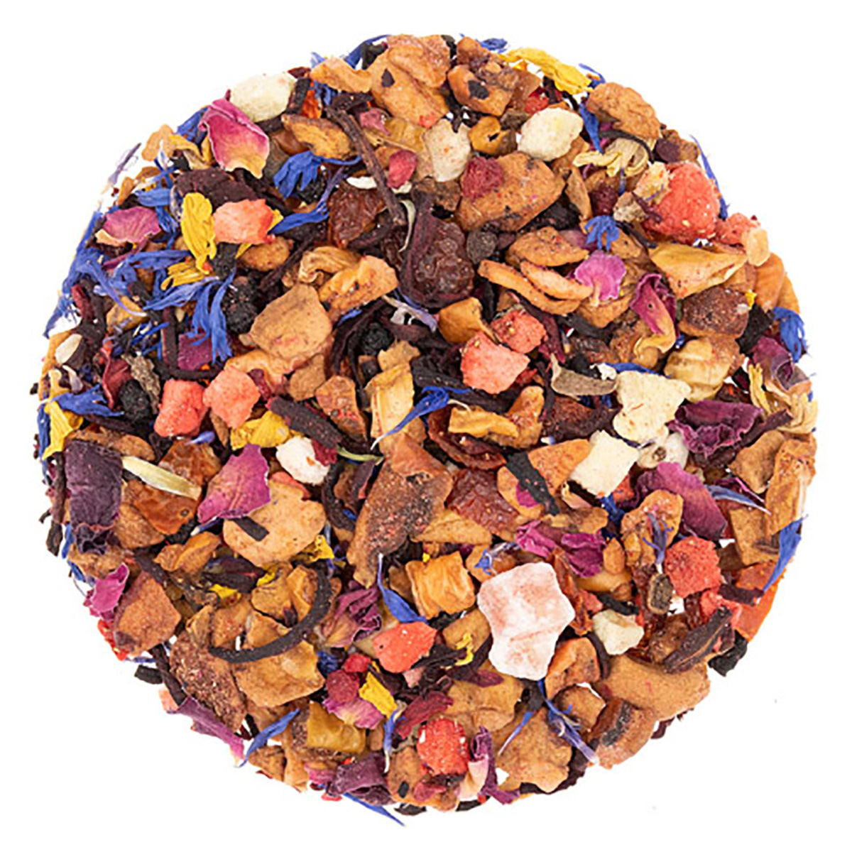 Colorful arrangement of assorted dried tea leaves, flowers, and fruit pieces on a white background