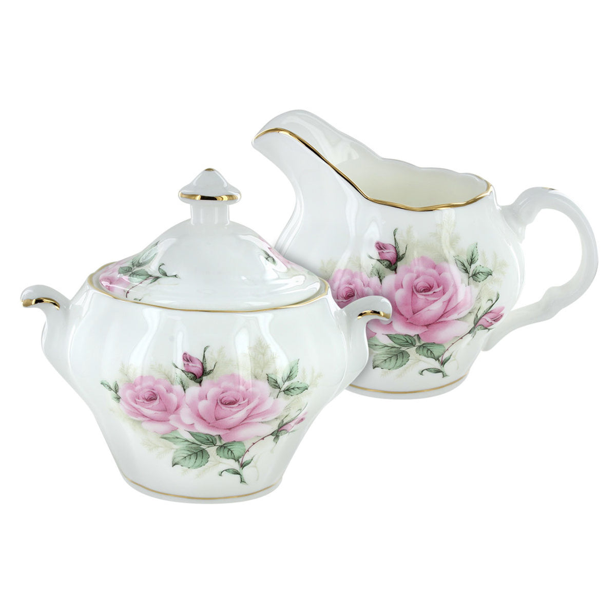Bone China floral pattern white creamer and sugar set on a white background