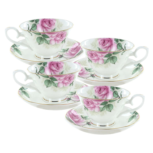 Set of four bone china tea cups and saucers with pink rose design on a white background
