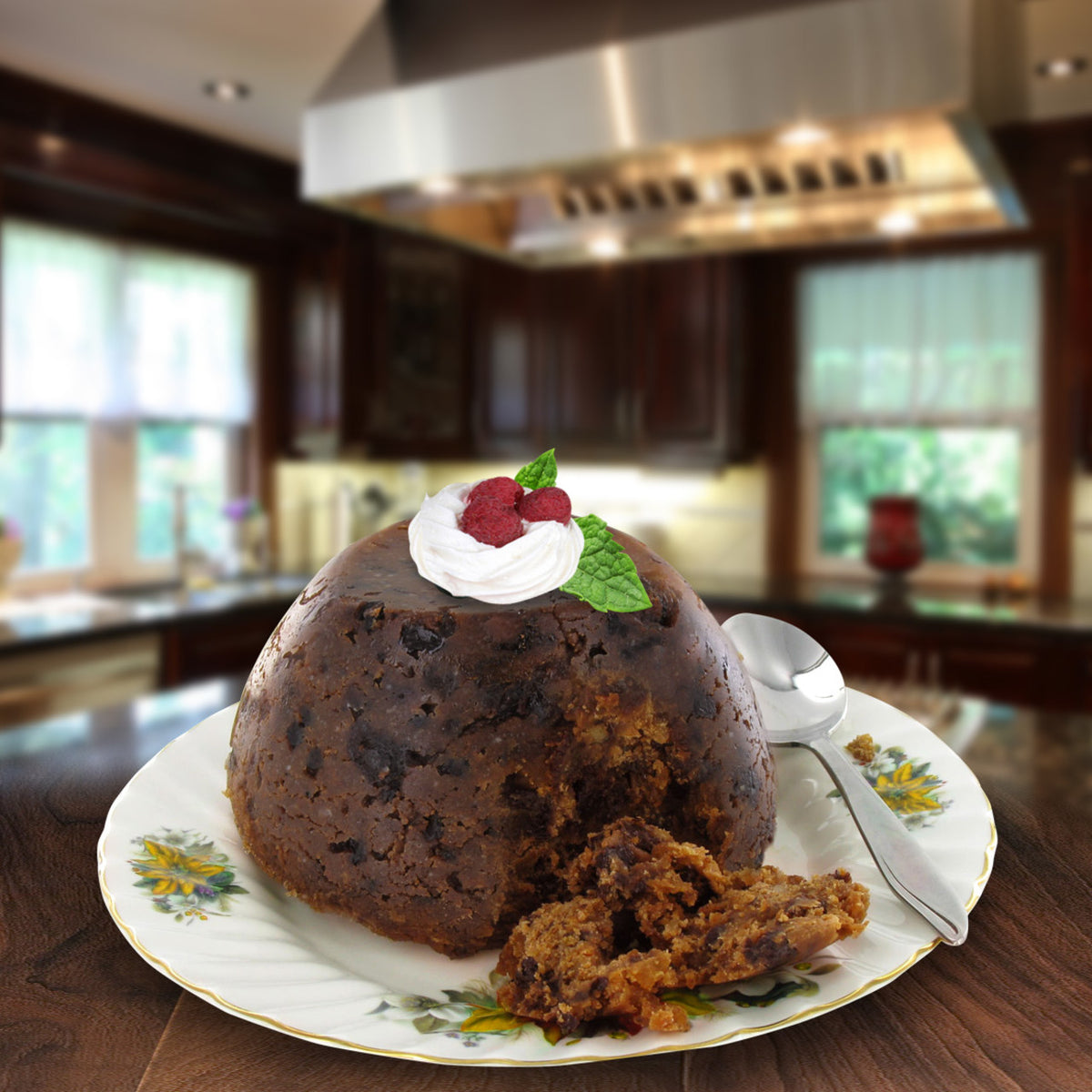 Christmas pudding desert on a plate super imposed on a kitchen backdrop
