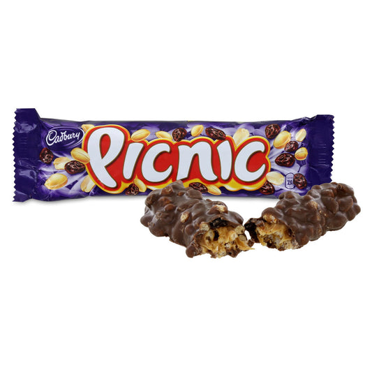 Cadbury Picnic chocolate bar with a purple wrapper on a white background