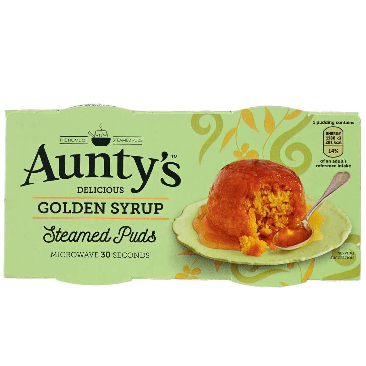 Packaging of Aunty's Golden Syrup Steamed Puds with a green background