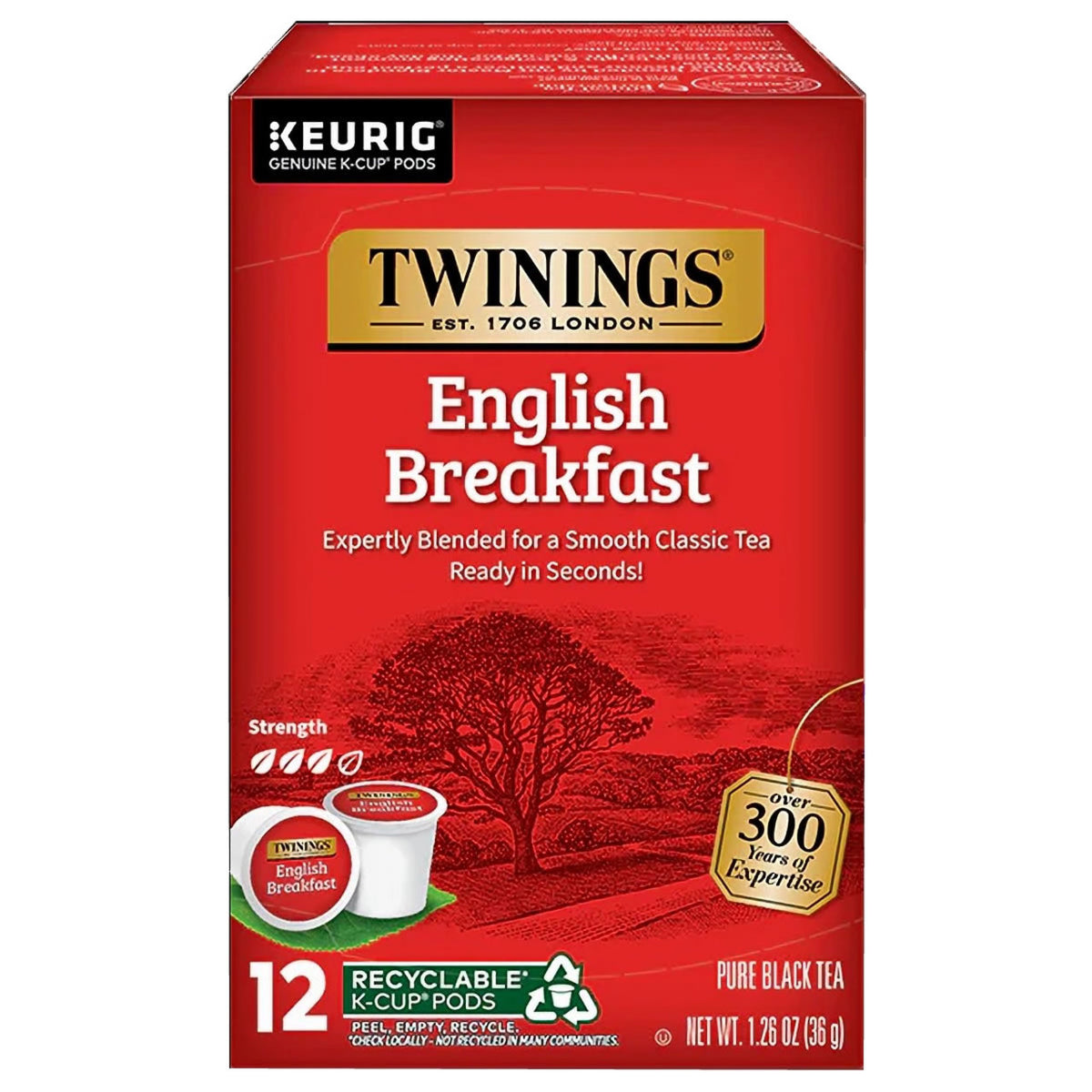 Box of Twinings English Breakfast tea K-Cup pods 12 count on a white background