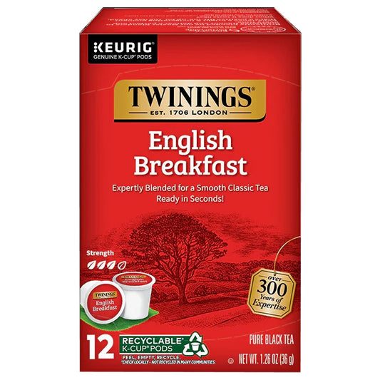 Box of Twinings English Breakfast tea K-Cup pods 12 count on a white background