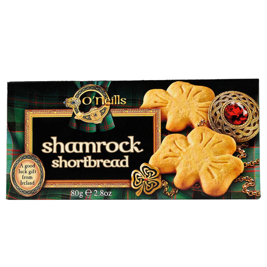 Box of O'Neill's shamrock shortbread cookies with decorative elements on a white background