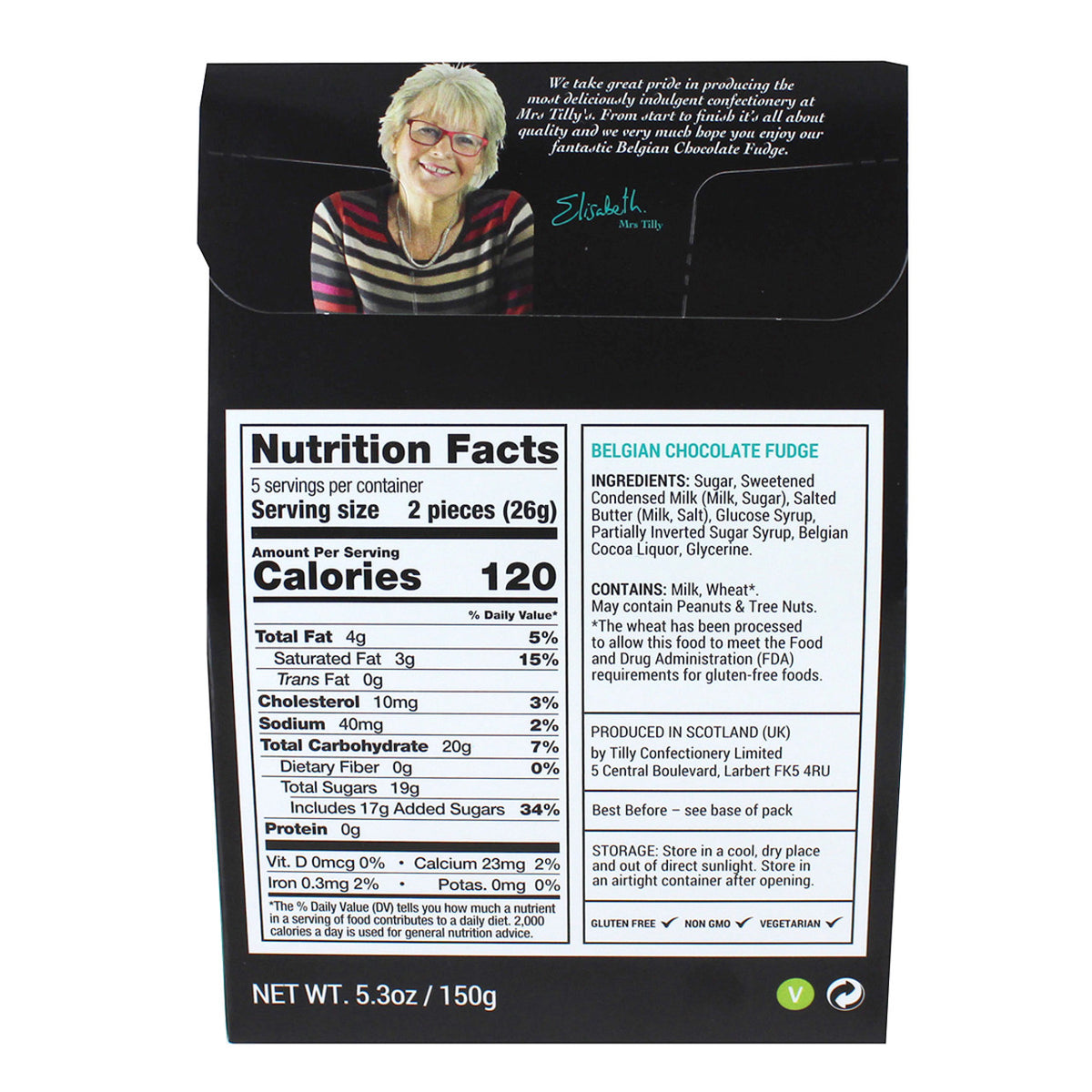 Nutrition label on a product packaging with a woman's face on a black background