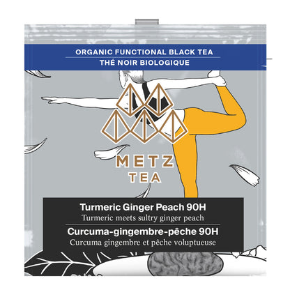 Metz Tea package with a person in a yoga pose on a gray background