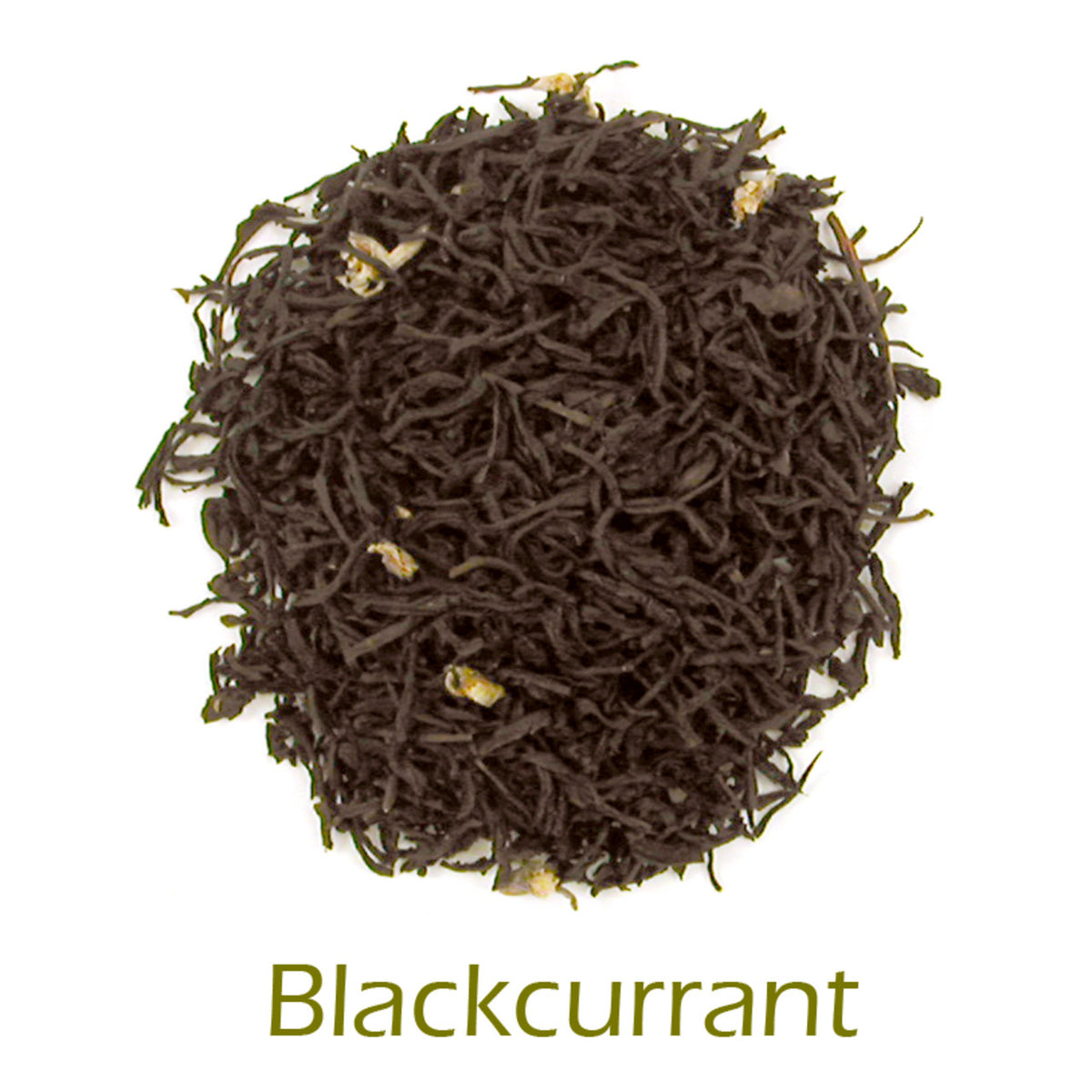 Blackcurrant loose-leaf tea on a white background with product title text callout at bottom