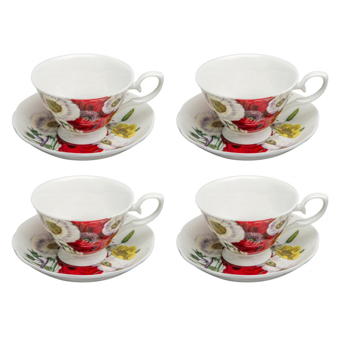Set of four floral teacups and saucers on a white background