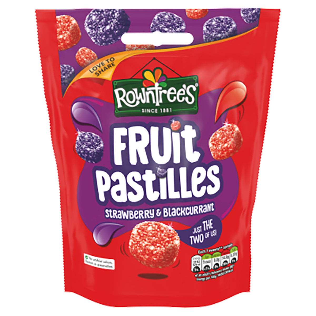 Rowntree's Fruit Pastilles Strawberry & Blackcurrant packaging on a white background