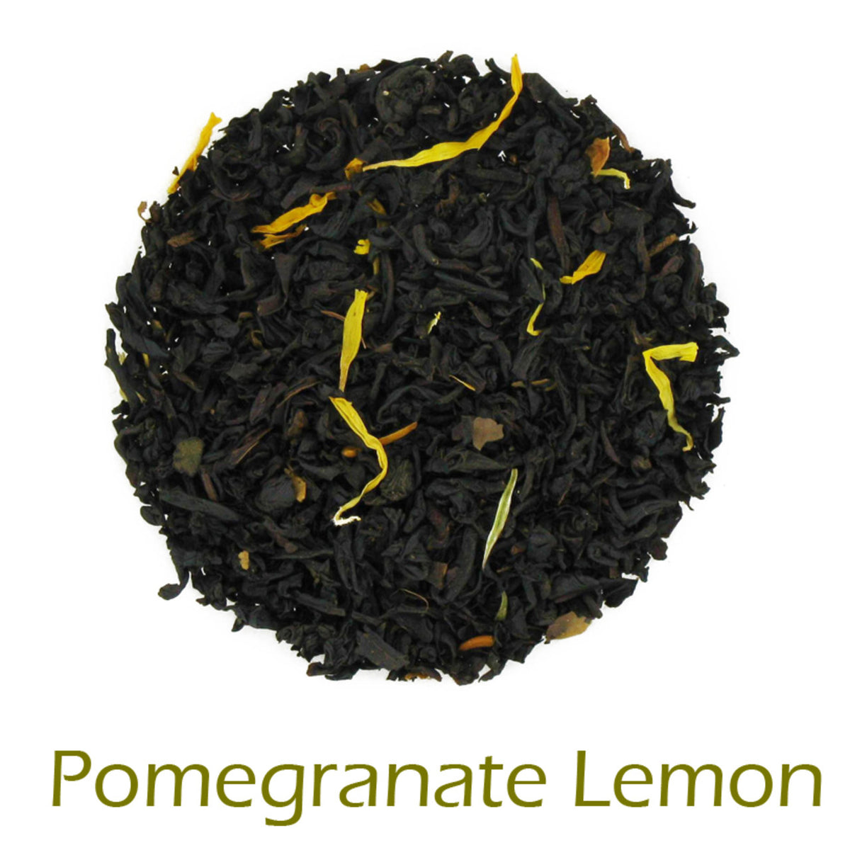 Pomegranate Lemon loose-leaf tea on a white background with product title text callout at bottom