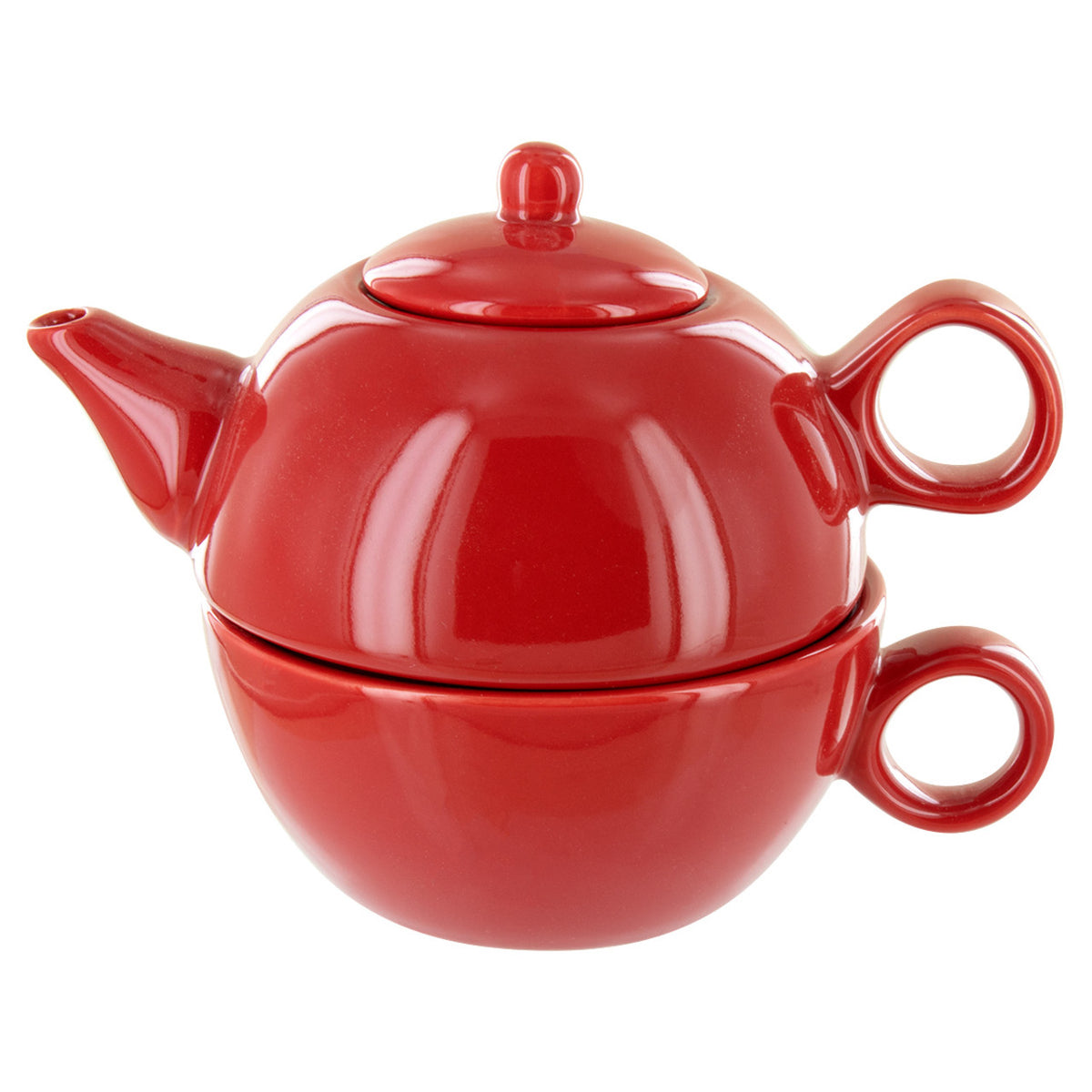 Red ceramic teapot with matching cup on a white background