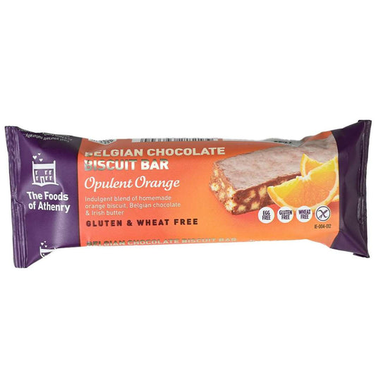 Packaged biscuit bar with Belgian chocolate and orange flavor on a white background